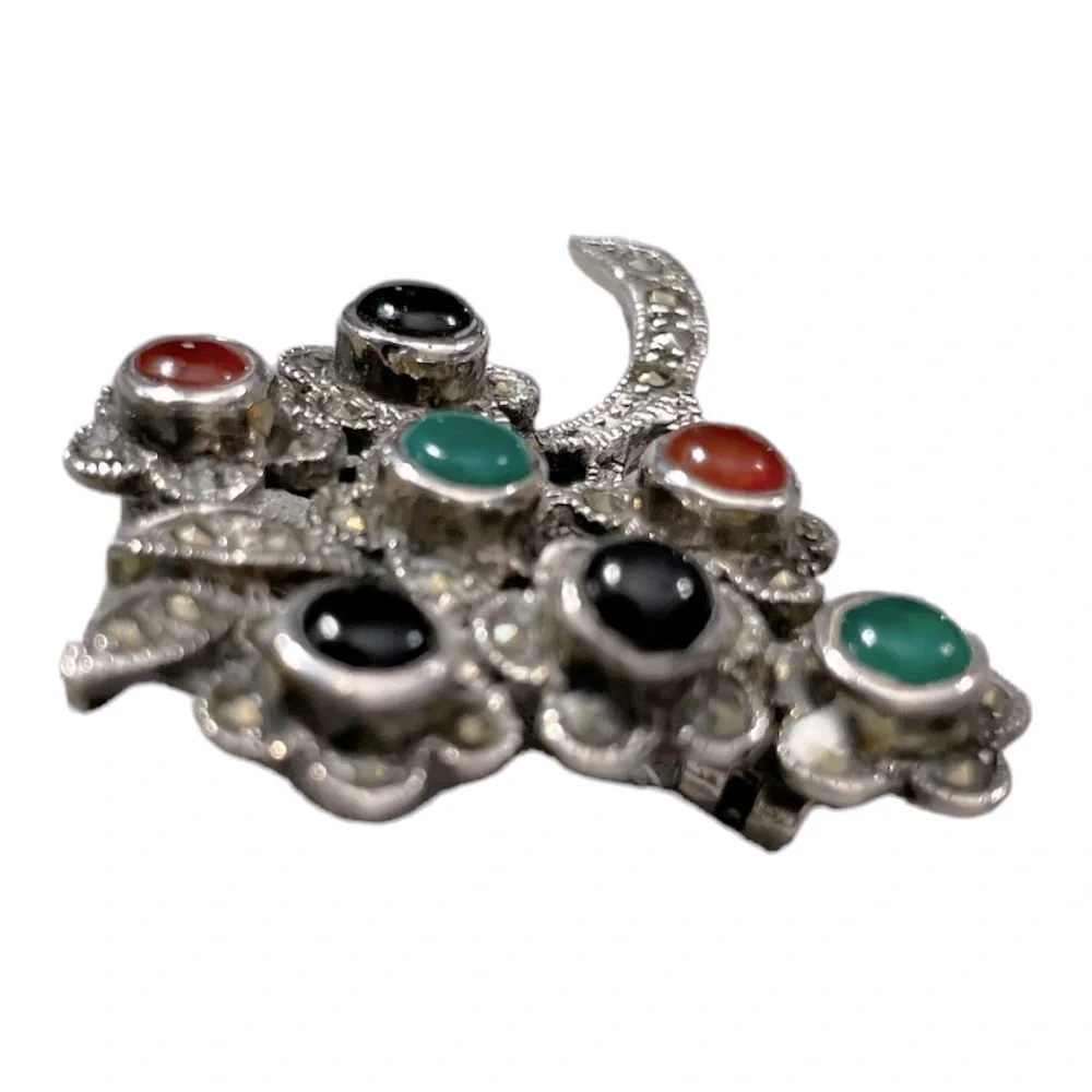 Vintage MC Sterling 925 Bouquet Pin Brooch W/ Marcasite & Colored Stones